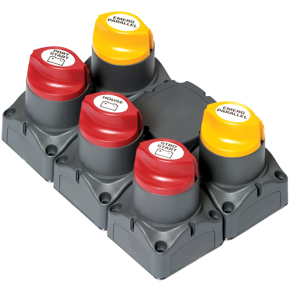 BEP Marine Battery Distribution Cluster for Twin Outboard Engines with Three Battery Banks and Motorized VSR