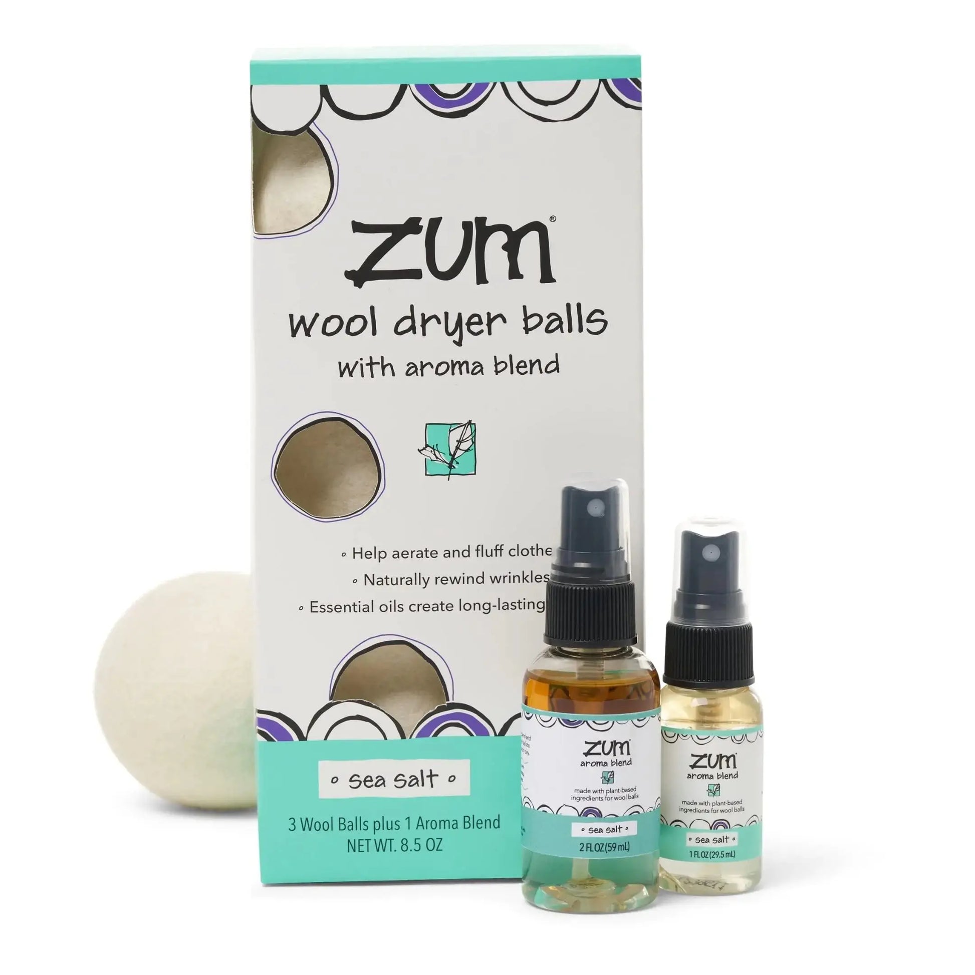 Indigo Wild Zum Laundry Dryer Balls Kit - Wool Laundry Balls for The Dryer - Essential Oil Spray - Reusable Drying Balls for Laundry - Sea Salt - (3 Dryer Balls 1 Aroma Blend) Atticus Goods