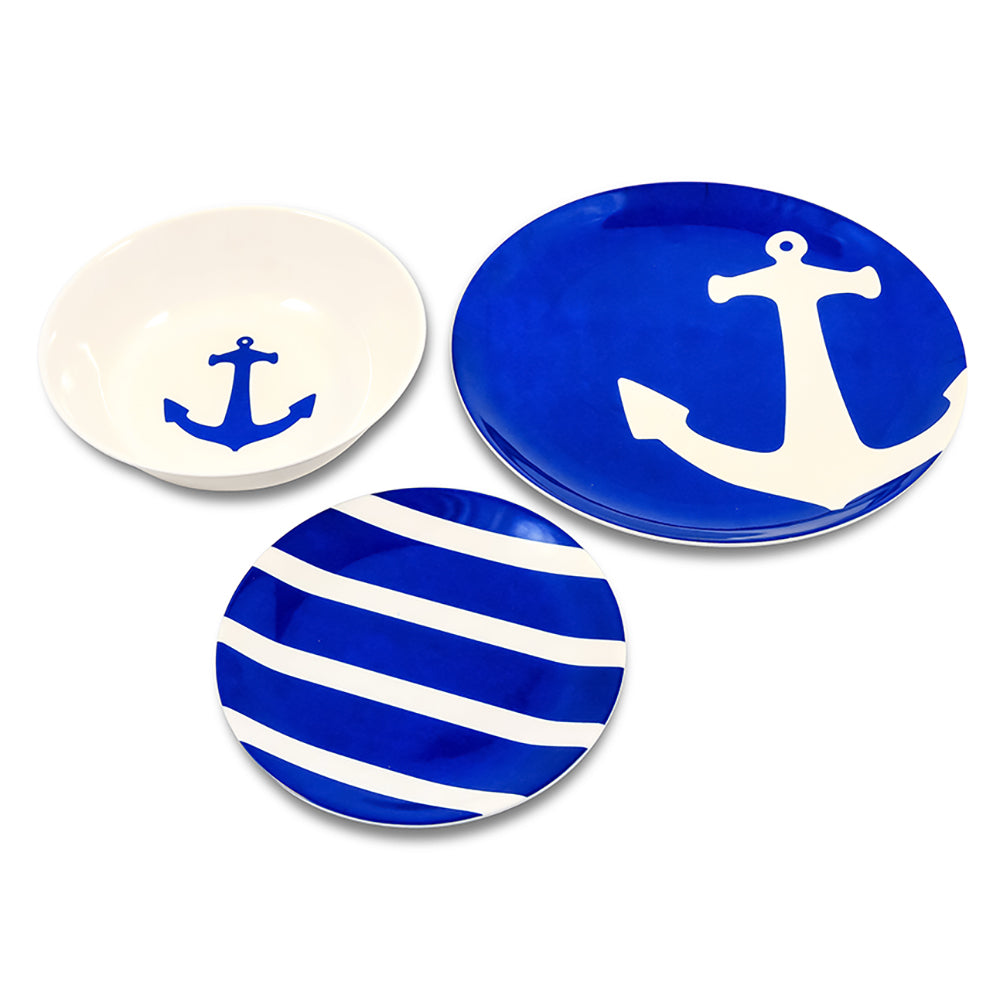 Camco 12-Piece Marine Dinnerware Set - BPA Free, Serves 4 with Nautical Design