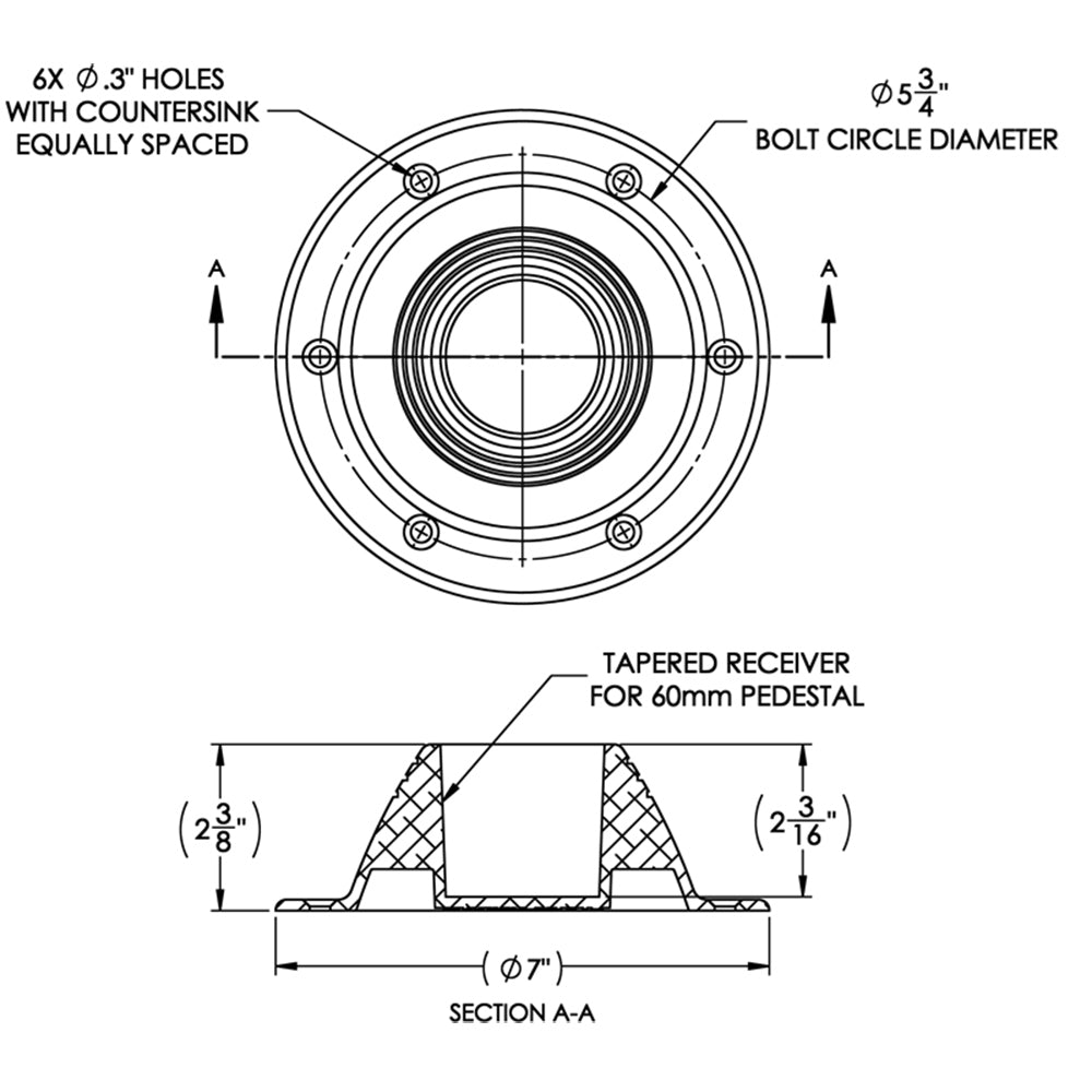 TACO Marine Z10-4067BLY60MM Surface Mount Table Support for 2-3/8 Inch Pedestals