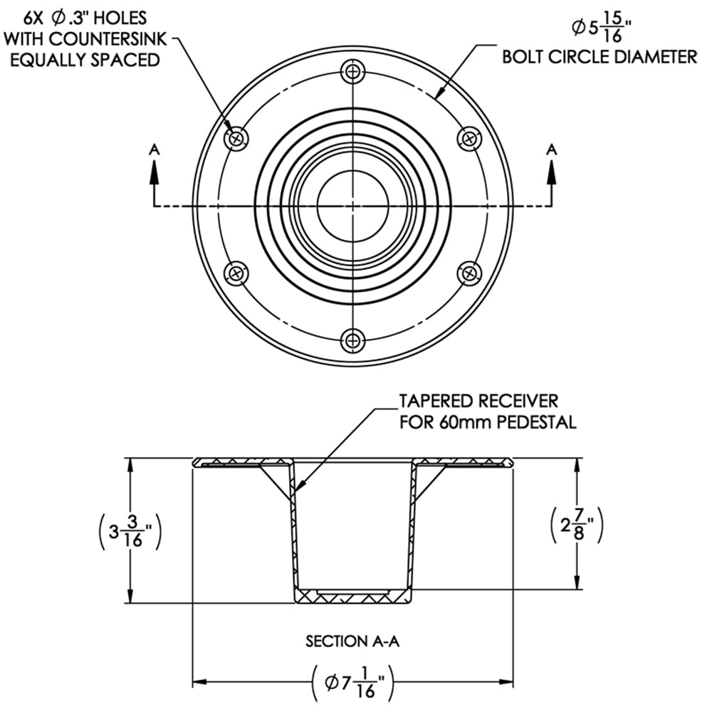 TACO Marine Z10-4085BLY60MM Aluminum Flush Mount Table Support for 2-3/8" Pedestals