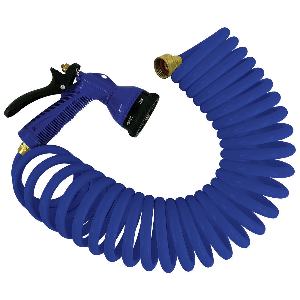 Whitecap 15' Blue Coiled Hose with Adjustable Nozzle - Durable Polyurethane Construction
