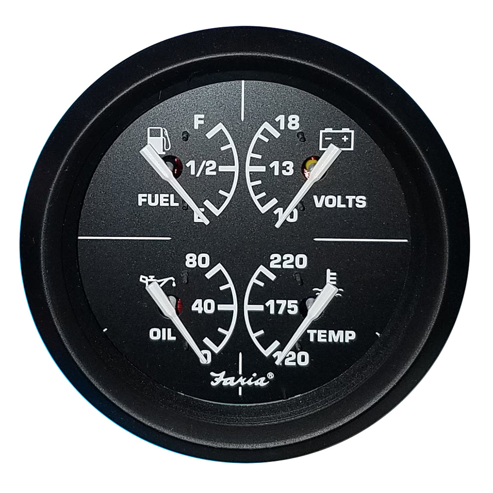 Faria Beede Instruments Euro Black 4-Inch Multifunction Gauge - Volt, Fuel, Oil Pressure, Water Temperature