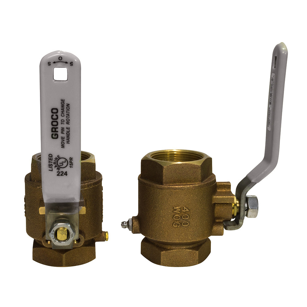 GROCO 1-1/2 inch NPT Bronze In-Line Ball Valve with Full Flow and Stainless Steel Handle