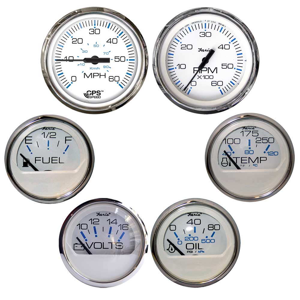 Faria Beede Instruments Chesapeake White Inboard Boat Gauge Set with Stainless Steel Bezel – Speed, Tach, Fuel, Volt, Water Temperature & Oil Pressure