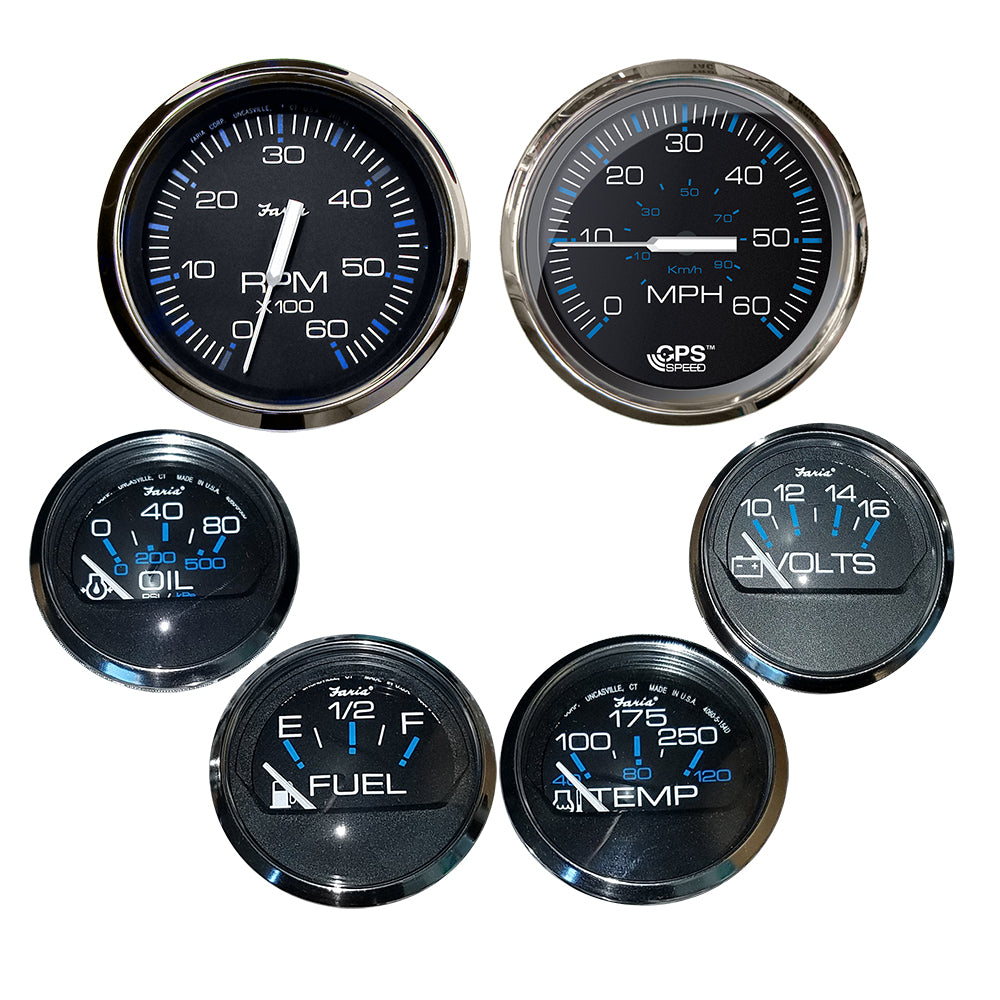Faria Beede Instruments Chesapeake Black Inboard Boat Gauge Set with Stainless Steel Bezel, 6-Piece