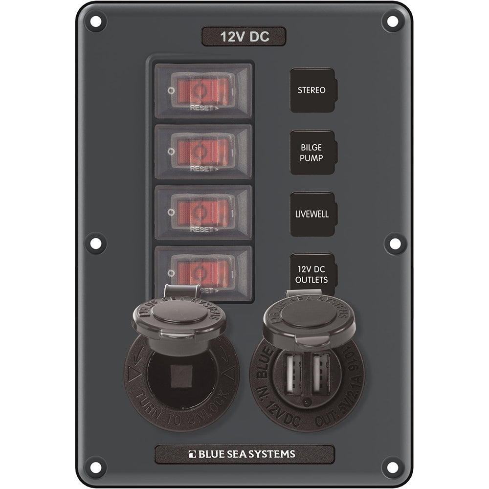 Blue Sea Systems 4321 4-Position Circuit Breaker Switch Panel with 12V Socket & Dual USB - Gray