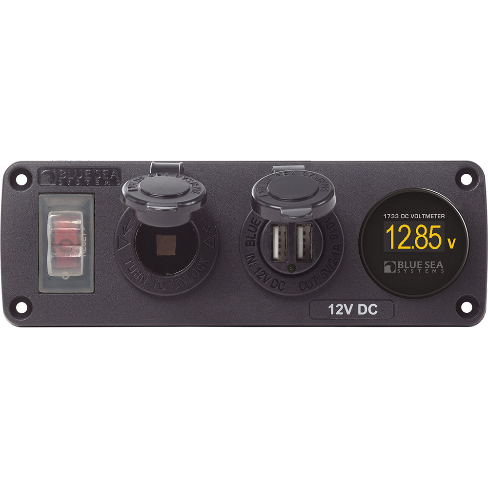 Blue Sea Systems 4366 Water Resistant USB Accessory Panel with Circuit Breaker, 12V Socket, Dual USB Charger, and Mini Voltmeter