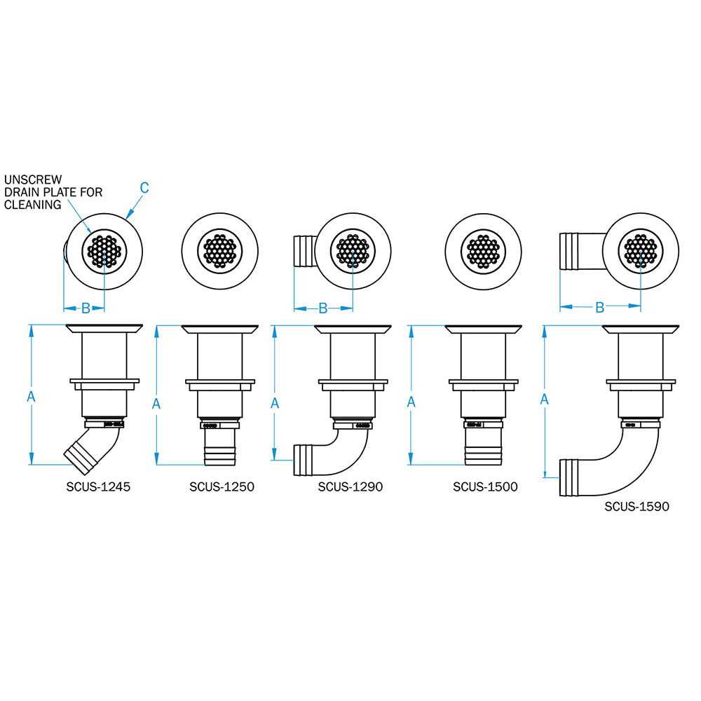 GROCO Deck Scupper 90 Degree with 1-1/2 inch Hose Connection - Model SCUS-1590