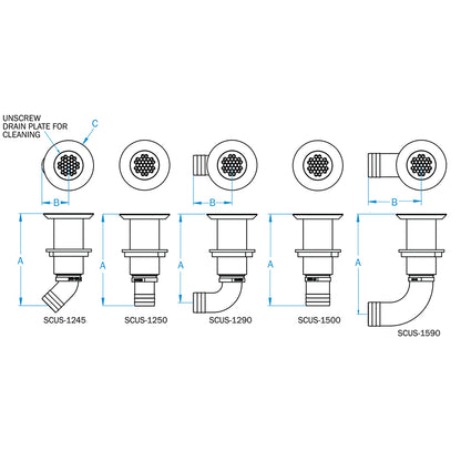 GROCO Deck Scupper 90 Degree with 1-1/2 inch Hose Connection - Model SCUS-1590