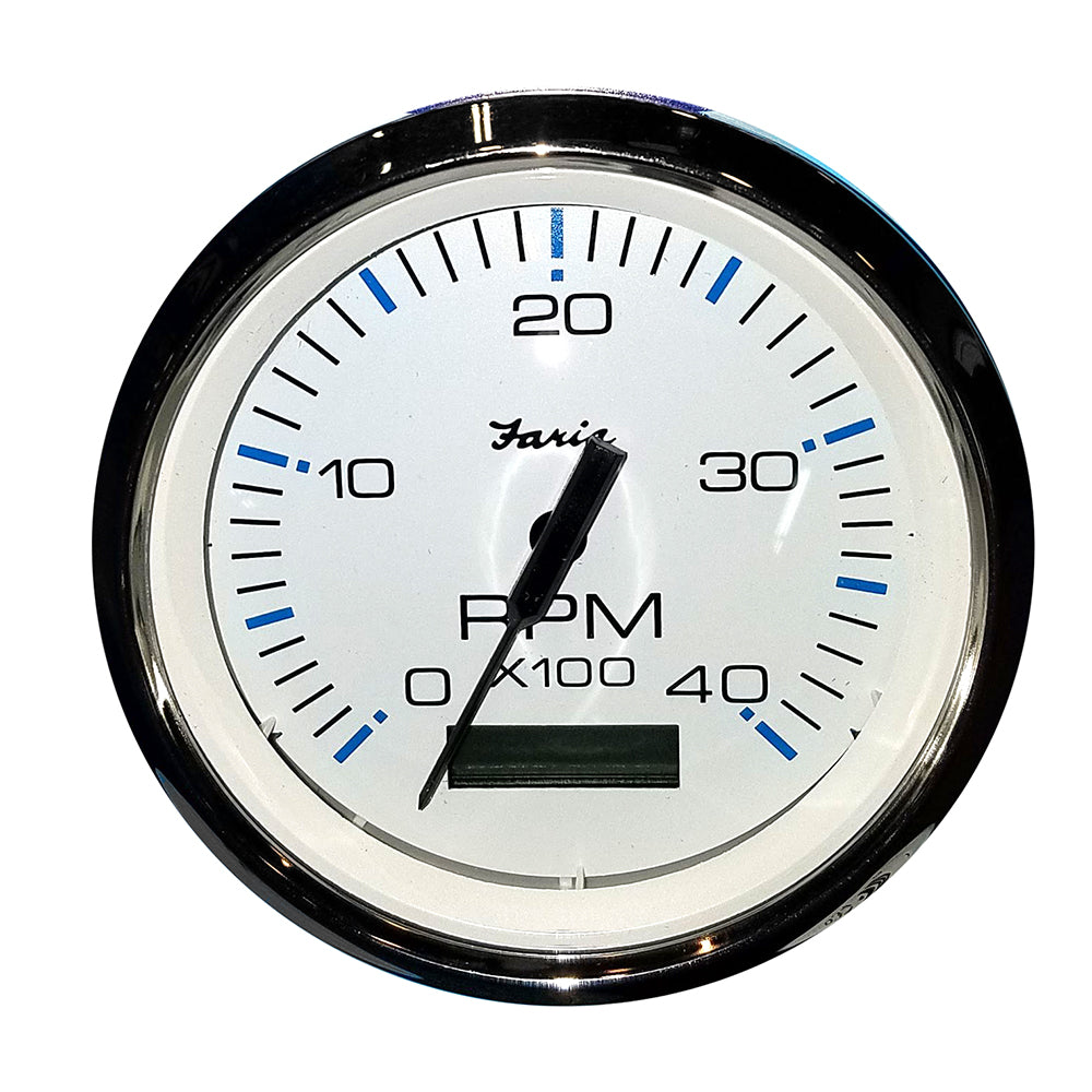 Faria Beede Instruments Chesapeake White SS 4-inch Tachometer with Hourmeter (4000 RPM) for Diesel Engines