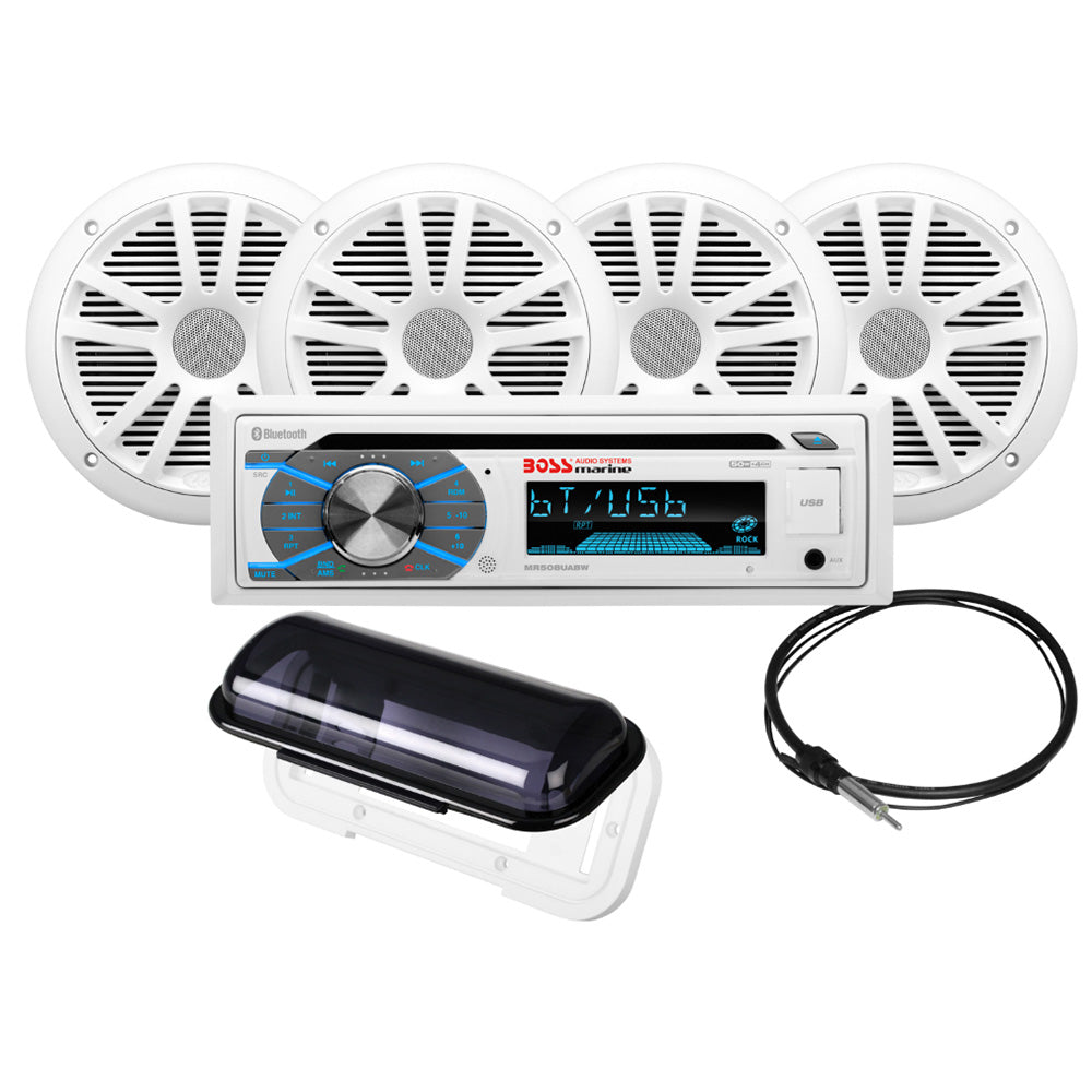 Boss Audio MCK508WB.64S Marine Stereo & 2 Pairs of 6.5-inch Speakers Kit - White