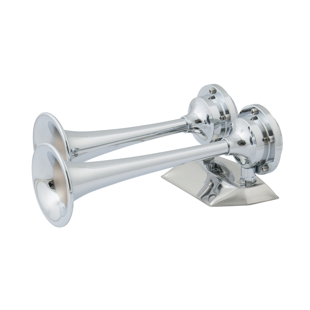 Marinco 12V Chrome Plated Dual Trumpet Mini Air Horn - Loud Marine Horn with Compressor Kit