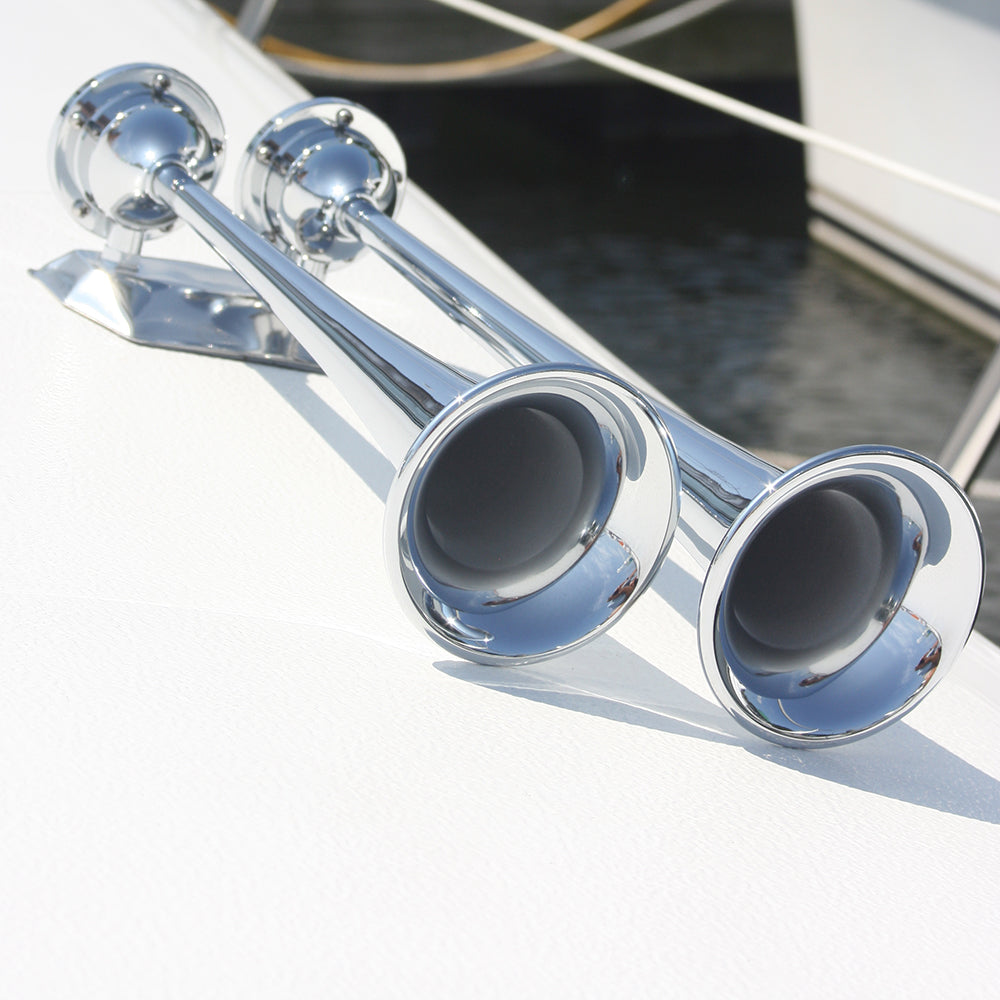 Marinco 12V Chrome Plated Dual Trumpet Air Horn – Loud Marine and Vehicle Horn with 120+ dB Sound Level