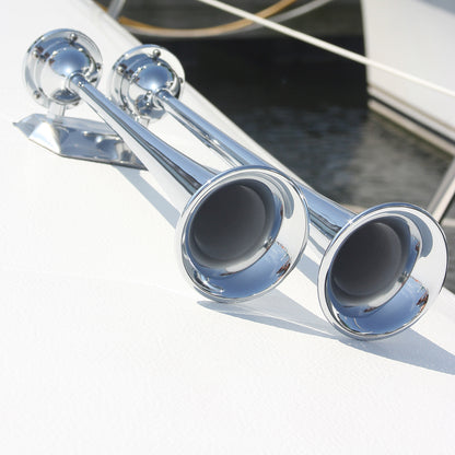 Marinco 12V Chrome Plated Dual Trumpet Air Horn – Loud Marine and Vehicle Horn with 120+ dB Sound Level