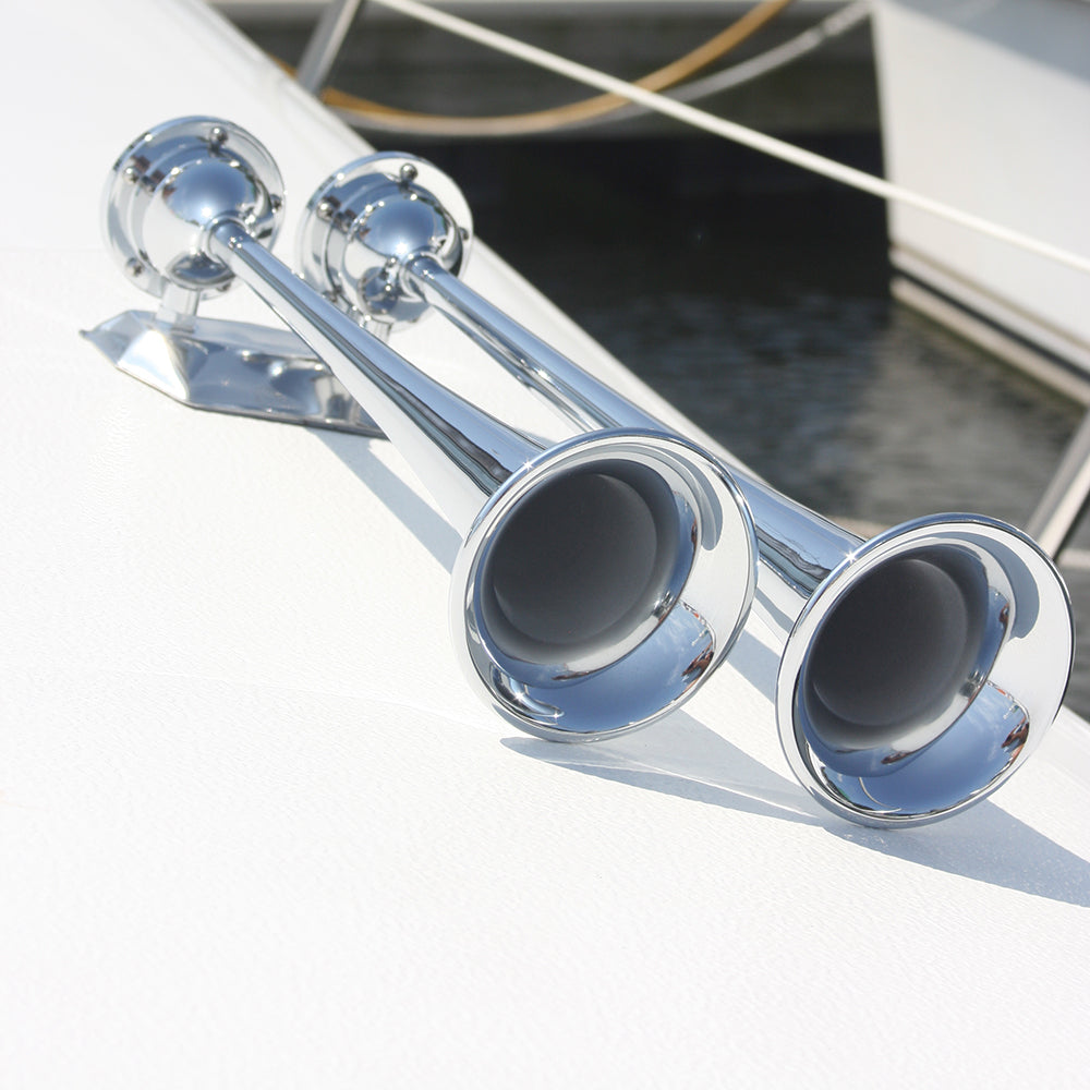 Marinco 24V Chrome Plated Dual Trumpet Air Horn – Loud Marine Horn for Boats up to 66 Feet
