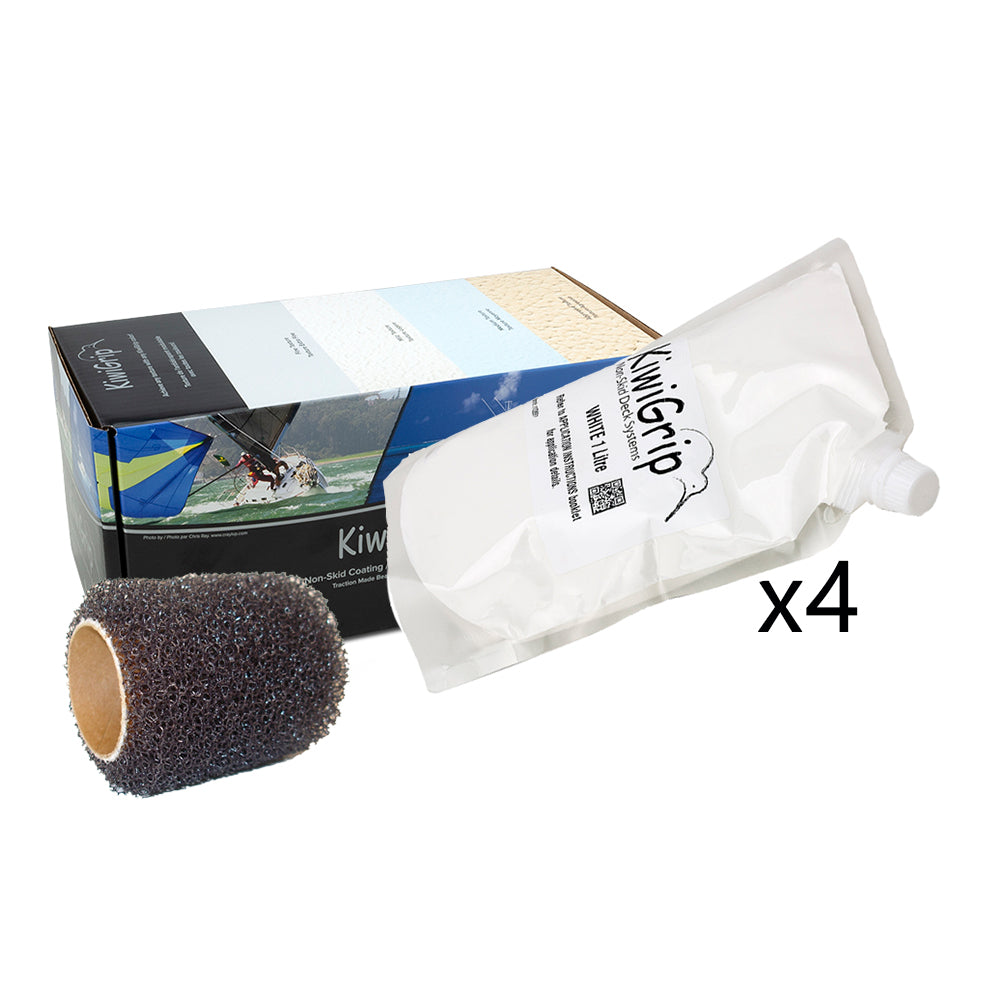 KiwiGrip White Non-Skid Deck Coating with 4-Inch Roller - 4 x 1 Liter Pouches
