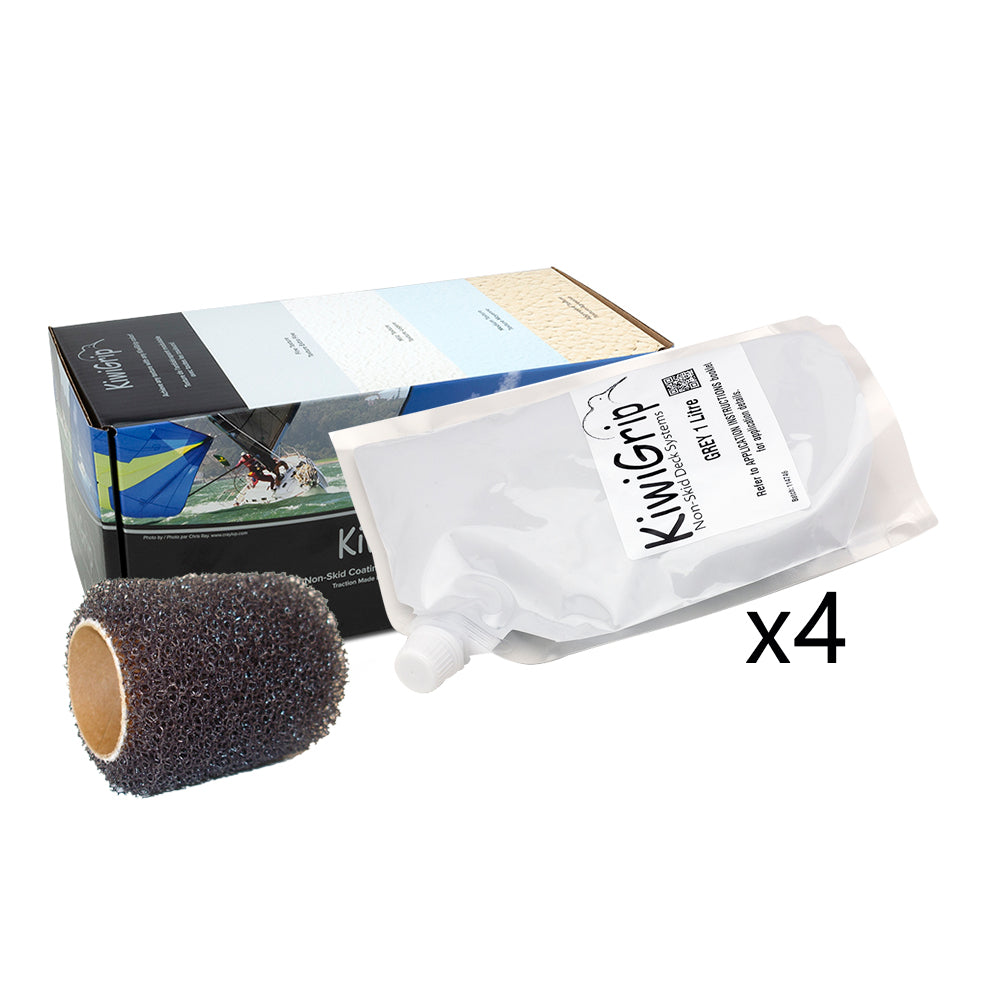 KiwiGrip 4-Pack 1 Liter Pouches with 4-Inch Roller - Non-Slip Deck Coating for Boats
