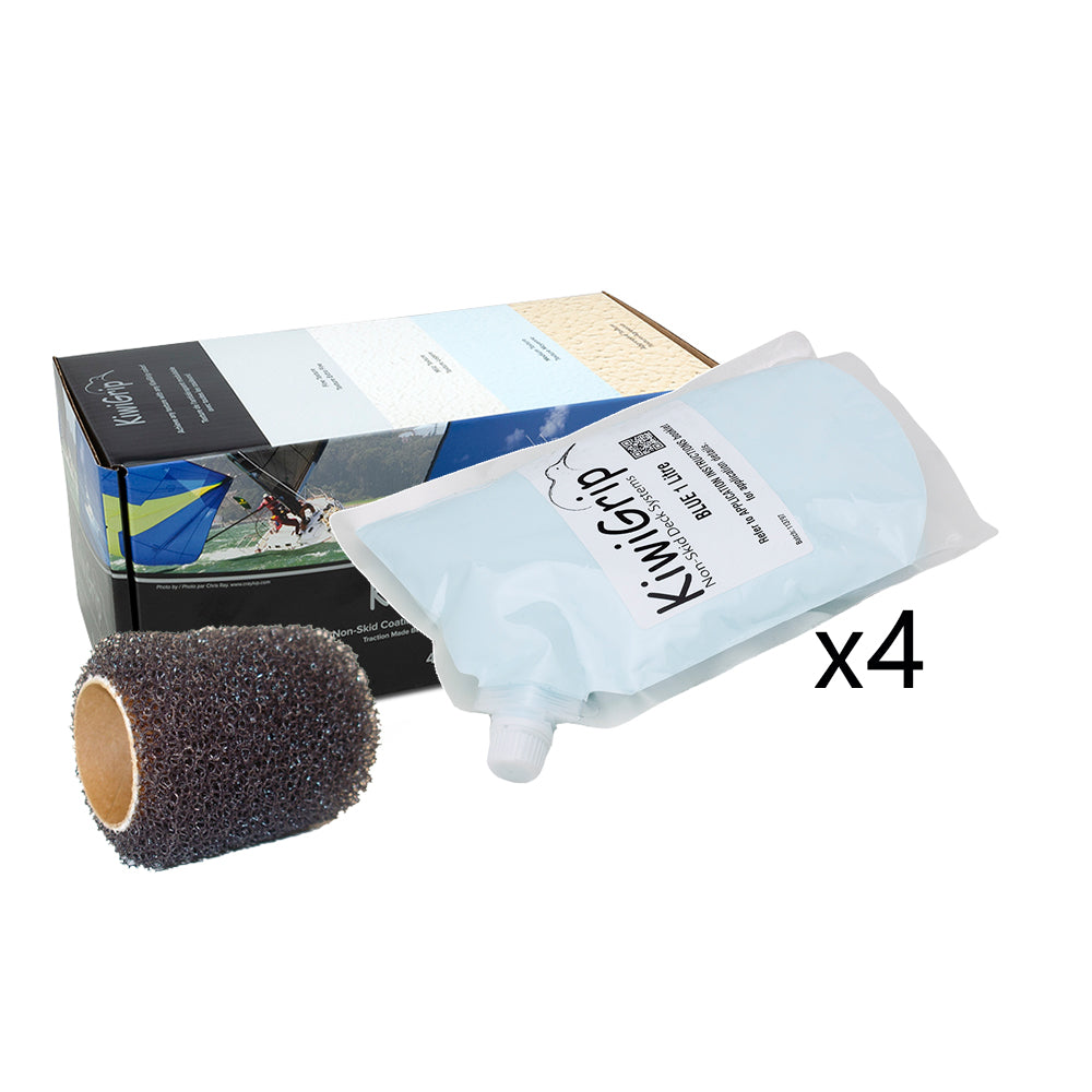 KiwiGrip Blue Non-Skid Deck Coating System with 4-Inch Roller - 4 x 1 Liter Pouches