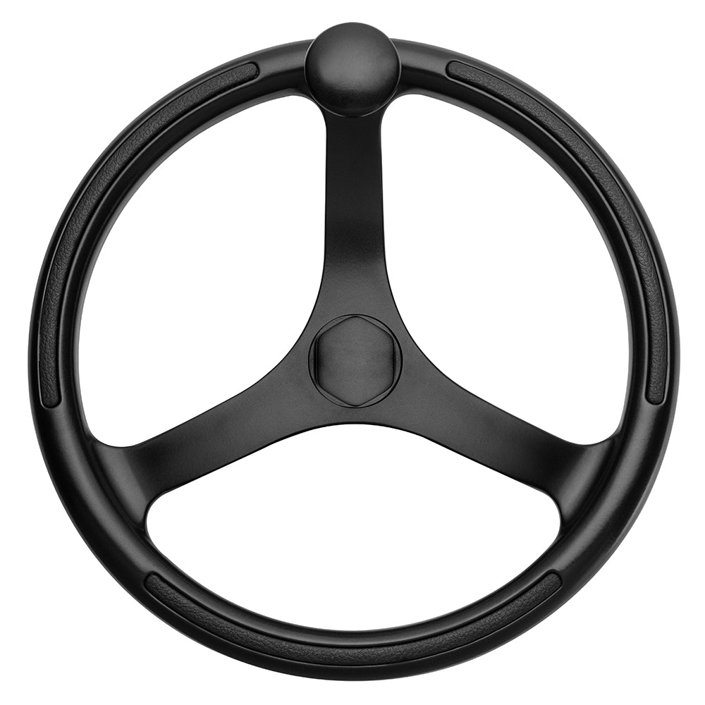 Schmitt Marine Primus Wheel 13.5 Inch Black Powder Coat with Tapered Shaft and Finger Grips