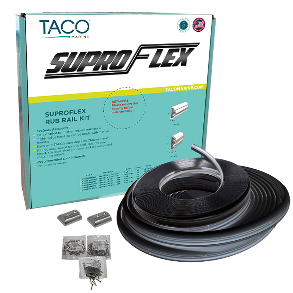TACO Marine SuproFlex Rub Rail Kit - Black with Flex Chrome Insert, 1.6 Inch Height, 60 Feet Length