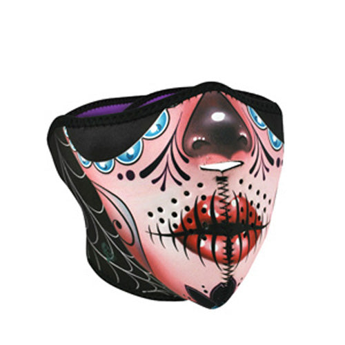 Bobster WNFM082H Half Mask, Neoprene with Sugar Skull Design, Reversible to Purple