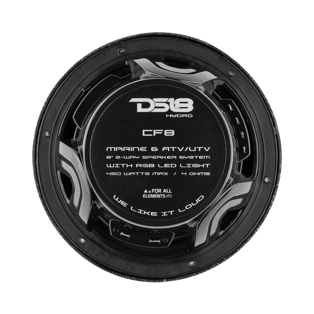 DS18 Hydro 8-Inch 2-Way Marine Speakers with RGB LED Lights - 125W RMS, Black Carbon Fiber (Part Number: CF-8M)