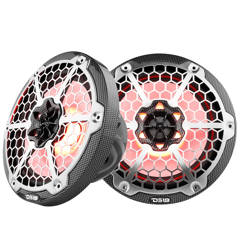 DS18 Hydro 8-Inch 2-Way Marine Speakers with RGB LED Lights - 125W RMS, Black Carbon Fiber (Part Number: CF-8M)