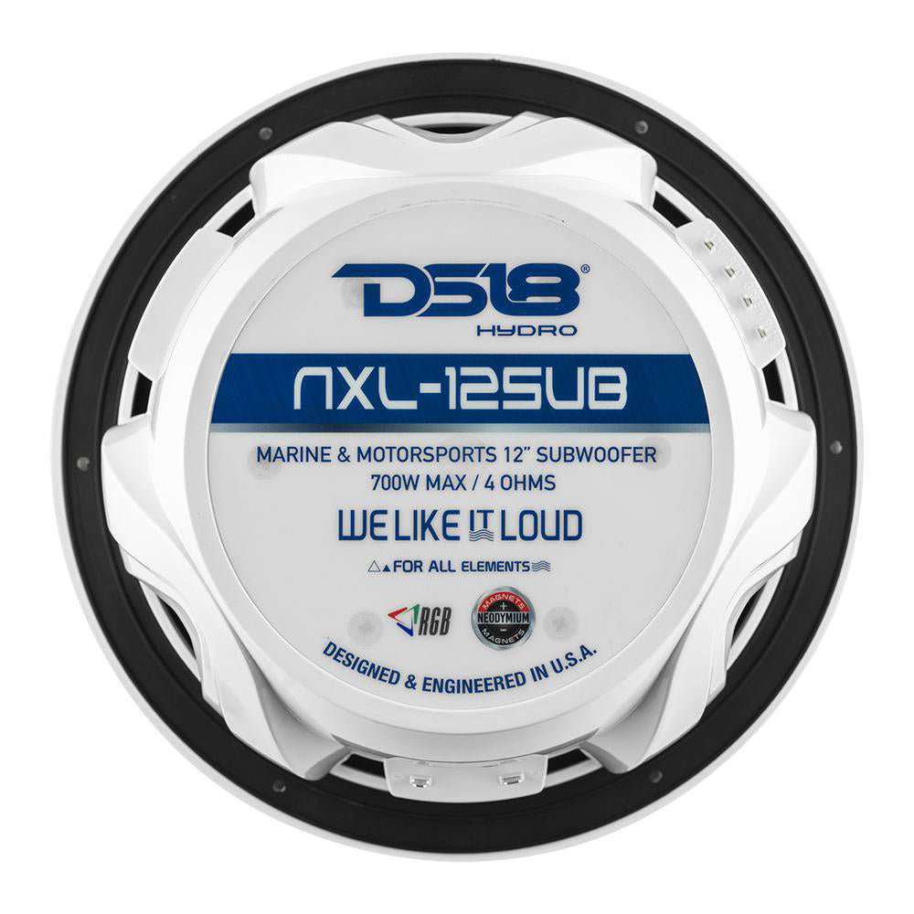 DS18 Hydro 12-Inch Marine Subwoofer with RGB Lights - 700W, White