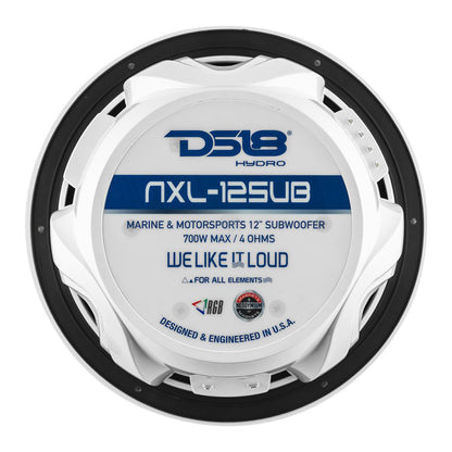 DS18 Hydro 12-Inch Marine Subwoofer with RGB Lights - 700W, White