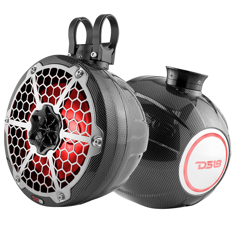 DS18 Hydro 8-Inch Compact Wakeboard Pod Tower with RGB Light and 375W Power - Black Carbon Fiber