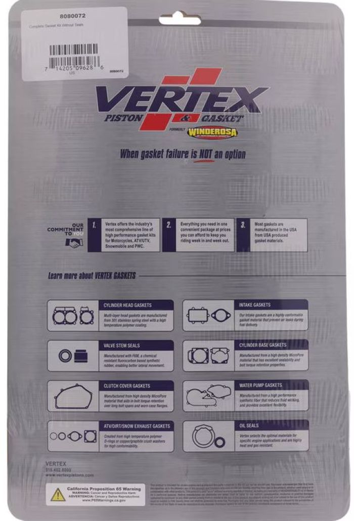 Vertex 8080072 Complete Gasket Kit without Seals for Automotive Engines