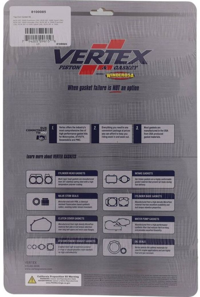 Vertex Top End Gasket Kit (Part No. 8100085) for Engine Rebuilds