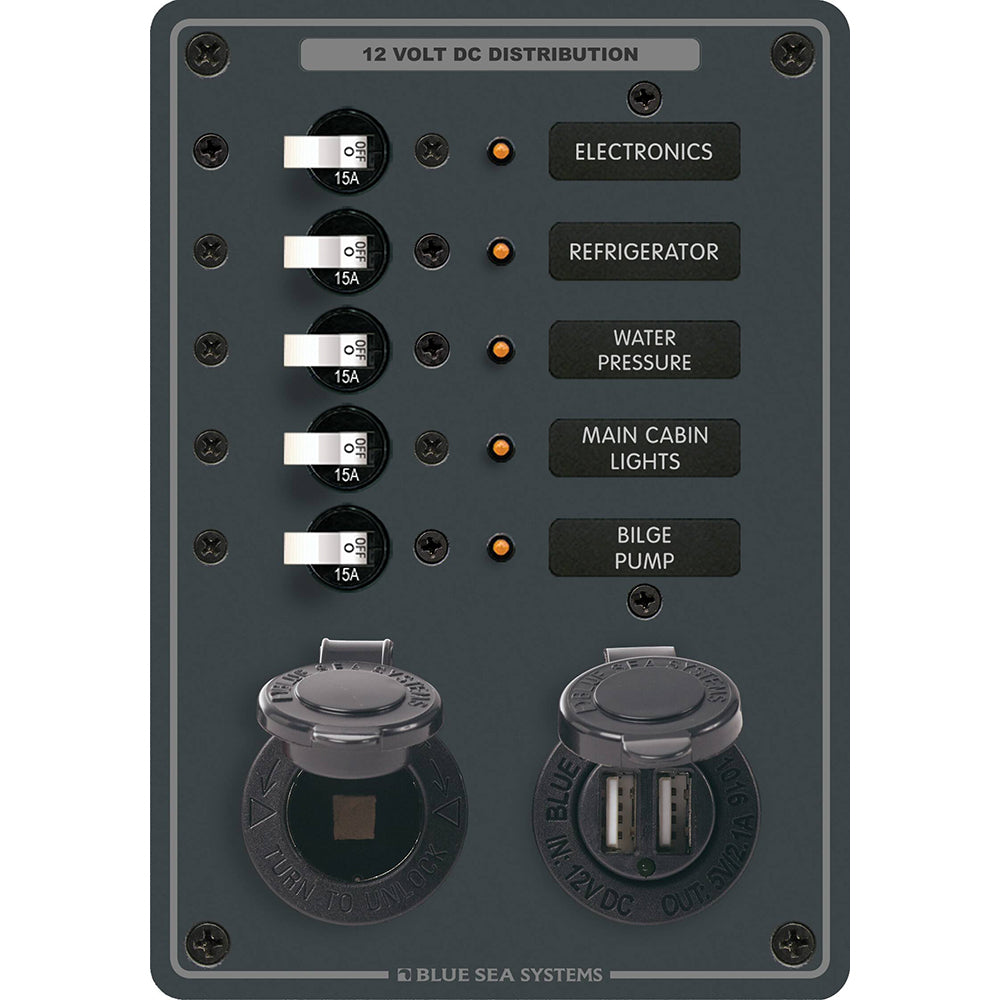 Blue Sea Systems 8120 5-Position 12V Panel with Dual USB and 12V Socket