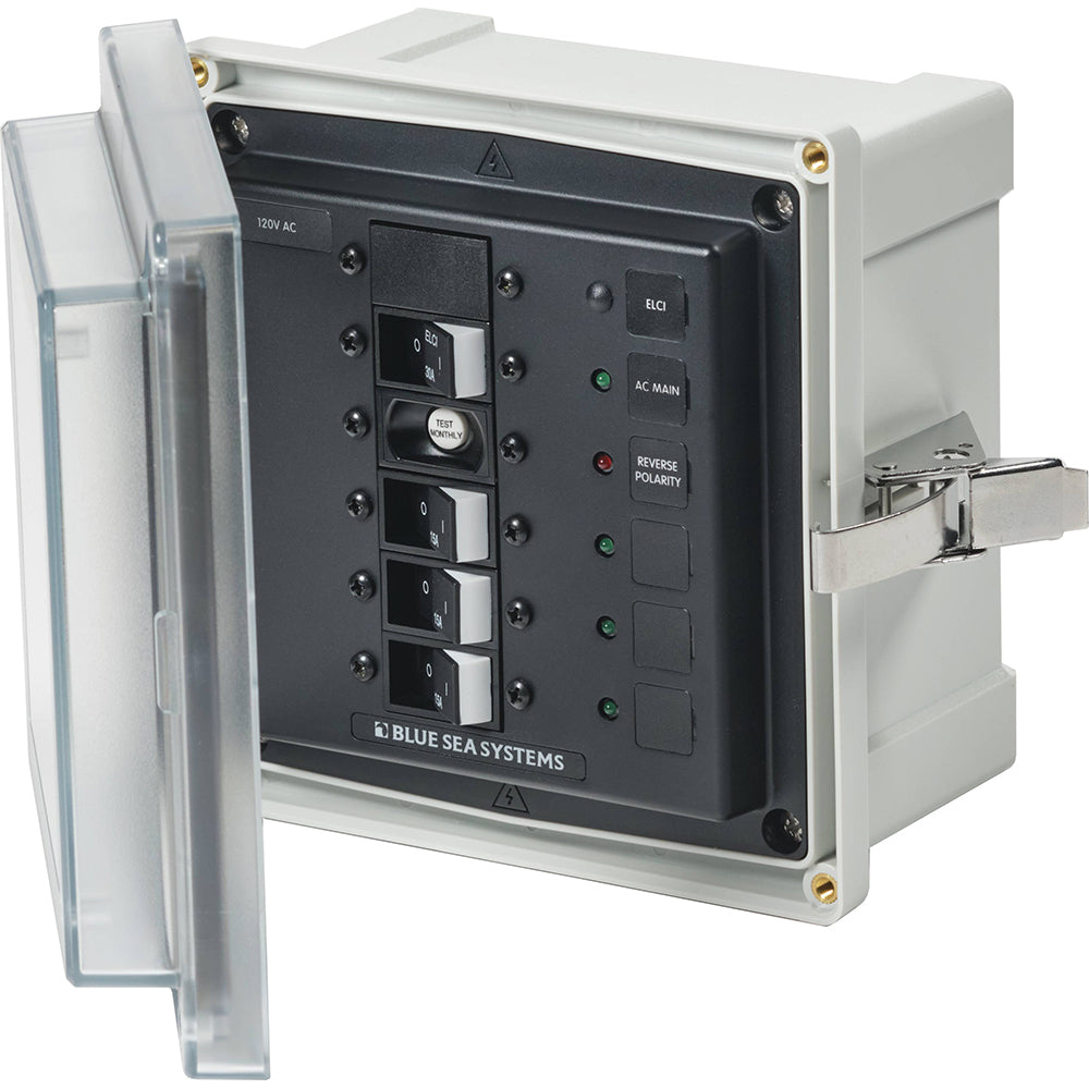 Blue Sea Systems 3128 SMS Panel Enclosure with ELCI Main Breaker and 3 Branch Circuits - 120V AC