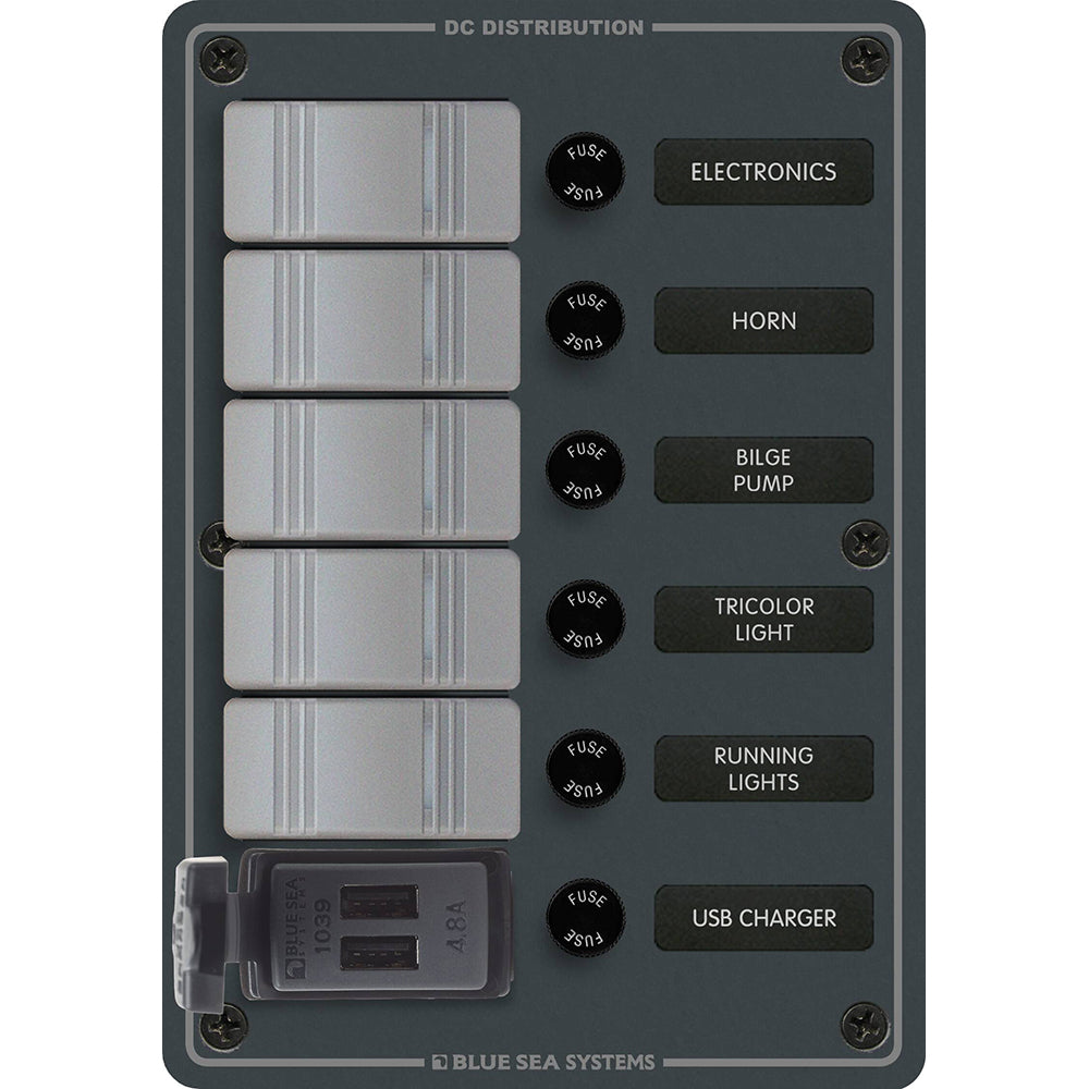 Blue Sea Systems 8121 5-Position Contura Switch Panel with Dual USB Chargers for 12/24V DC Marine Applications