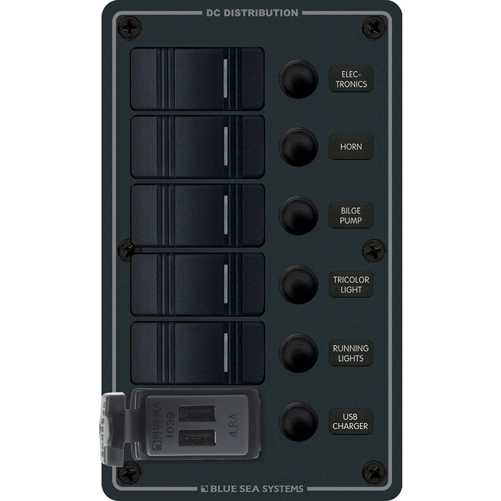 Blue Sea Systems 8521 5-Position Contura Switch Panel with Dual USB Chargers for 12/24V DC Systems