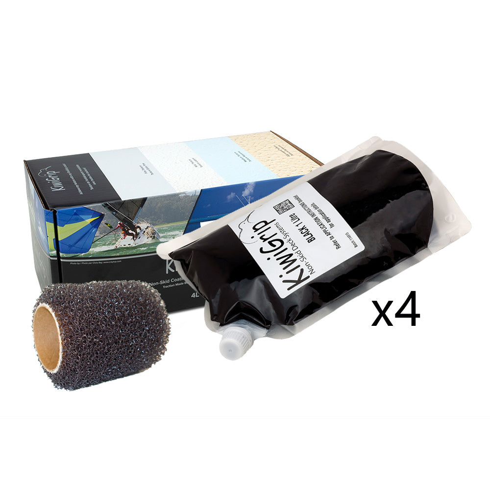 KiwiGrip Black Non-Skid Deck Coating System with 4-Inch Roller, 4 x 1 Liter Pouches