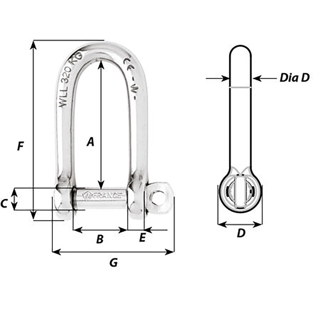 Wichard Marine Self-Locking Long D Shackle 10mm Diameter (Part Number 1215W)