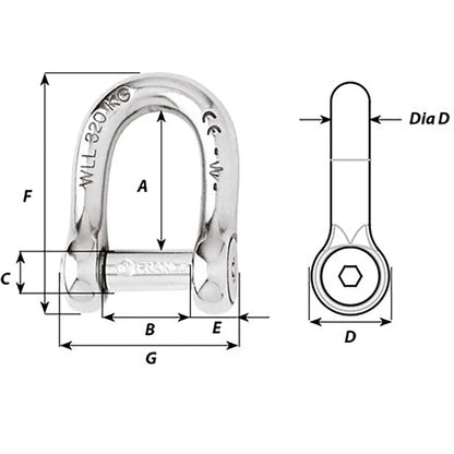 Wichard Marine Self-Locking Allen Head Pin D Shackle 10mm Diameter - Industrial Grade Stainless Steel