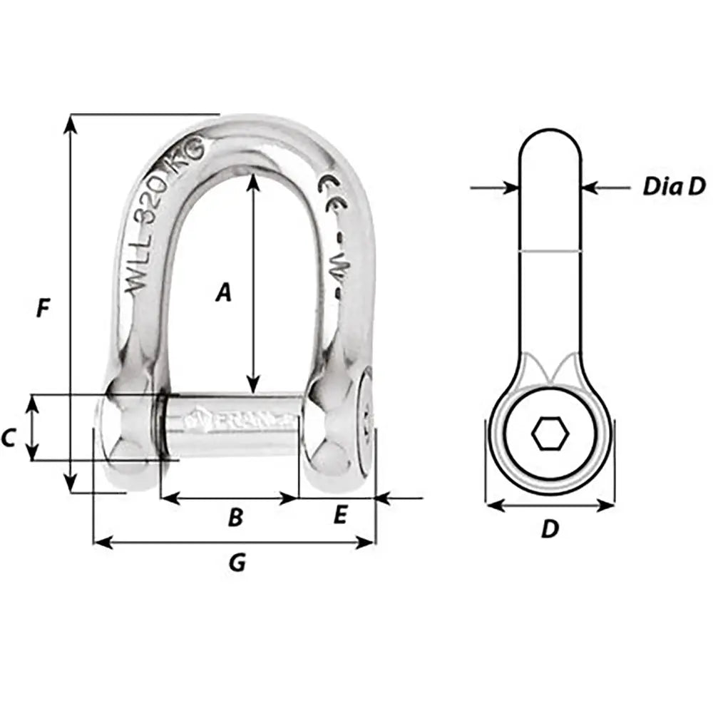 Wichard Marine Self-Locking Allen Head Pin D Shackle - 12mm Diameter, 15/32 inch