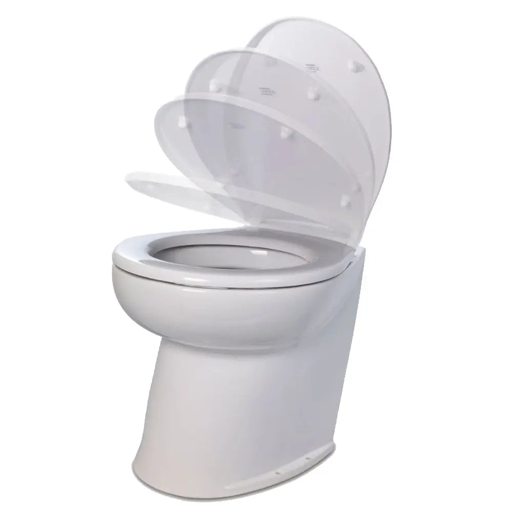 Jabsco Deluxe Flush 17-Inch Angled Back 12V Freshwater Electric Marine Toilet with Solenoid Valve and Soft Close Lid