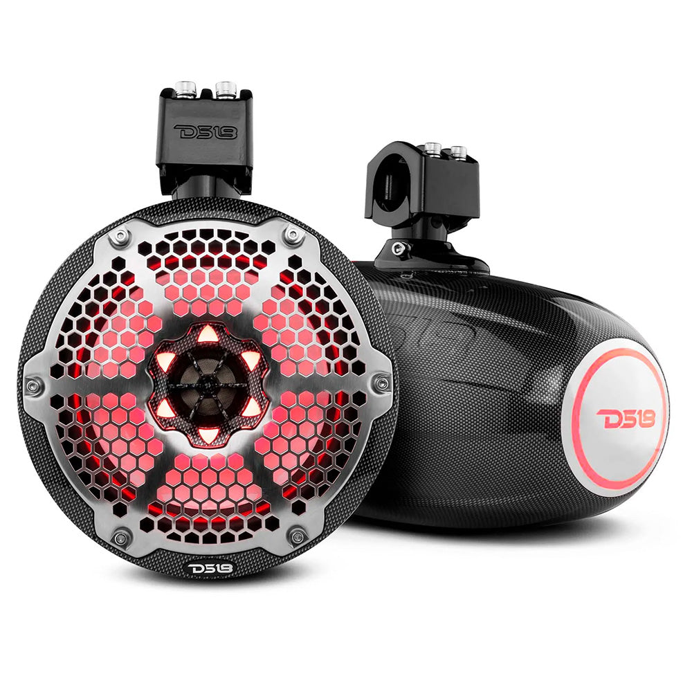 DS18 X Series Hydro 8-Inch Wakeboard Pod Tower Speaker with RGB LED Light - 425W - Black Carbon Fiber