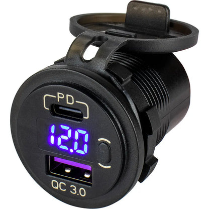 Sea-Dog Round USB & USB-C Power Socket with Hidden Voltmeter - Marine & RV Charging Solution