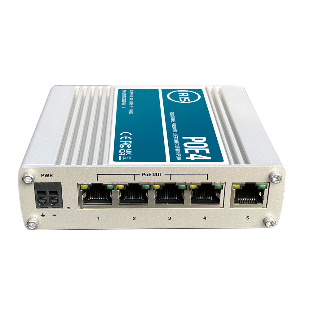 Iris Innovations POE4V2 Four Channel Uplink Power Over Ethernet Switch with 48VDC Output