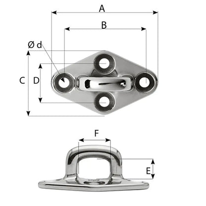 Wichard Marine Diamond Pad Eye - Square, 79mm Length, M6 Screw - Durable Duplex Stainless Steel