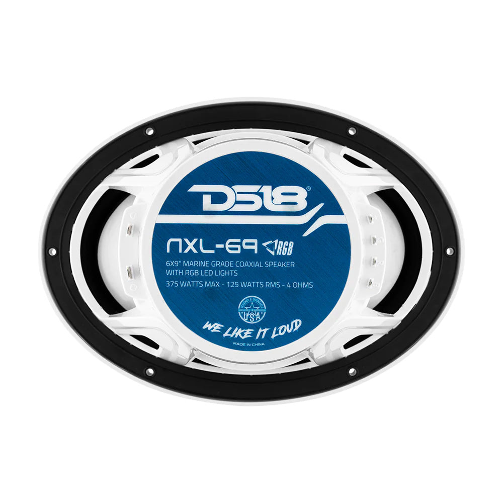 DS18 Hydro 6 x 9-Inch 2-Way Marine Speakers with RGB LED Lights - White, 375W Peak Power (Part NXL-69/WH)