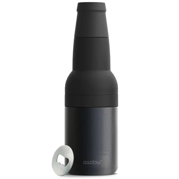 ASOBU Frosty Beer 2 Go Black - Double Walled Insulated Can Cooler with Built-in Bottle Opener, 12 oz Capacity