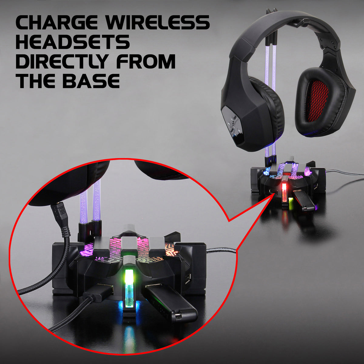 ENHANCE 4-Port USB 2.0 Headset Stand with LED Lighting, ENPCGHH100BKEW