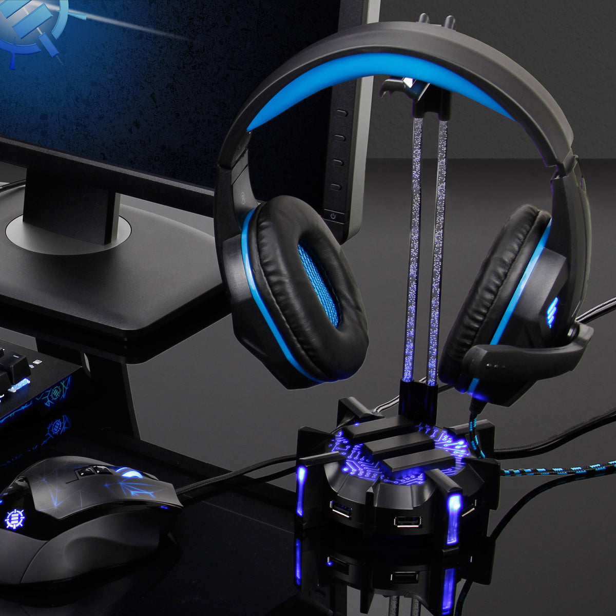 ENHANCE 4-Port USB 2.0 Headset Stand with LED Lighting, ENPCGHH100BKEW